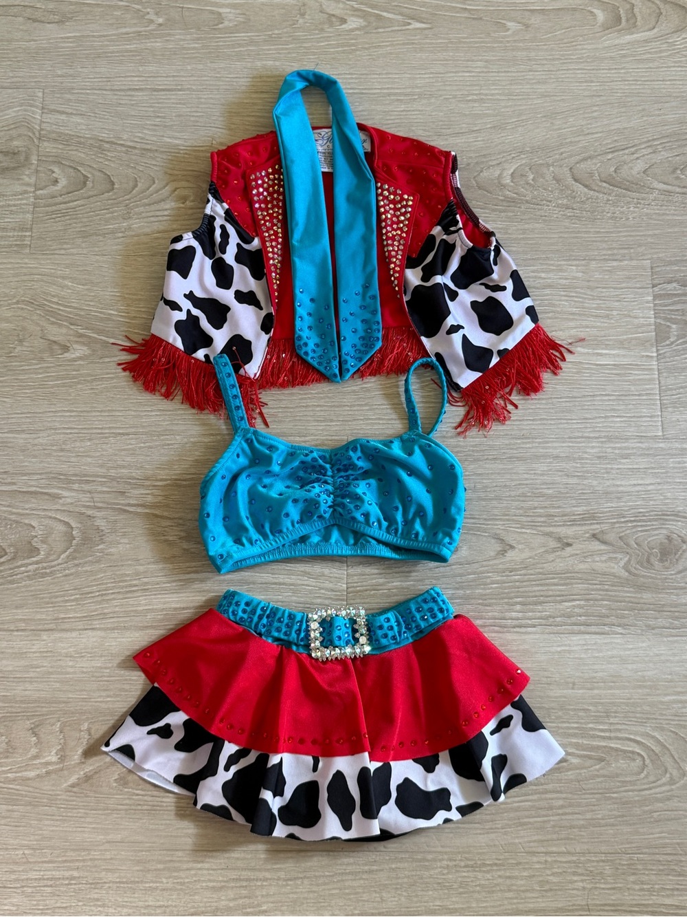 4 Glamour Turquoise and Red Cowgirl Dance Costume Set